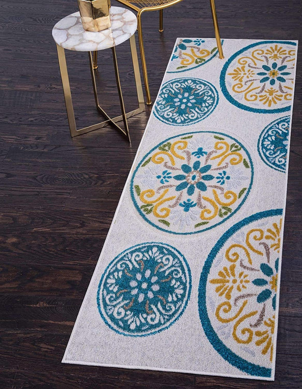 Carved Floral Transitional Indoor/ Outdoor Flat Weave Ivory/Teal Area rug
