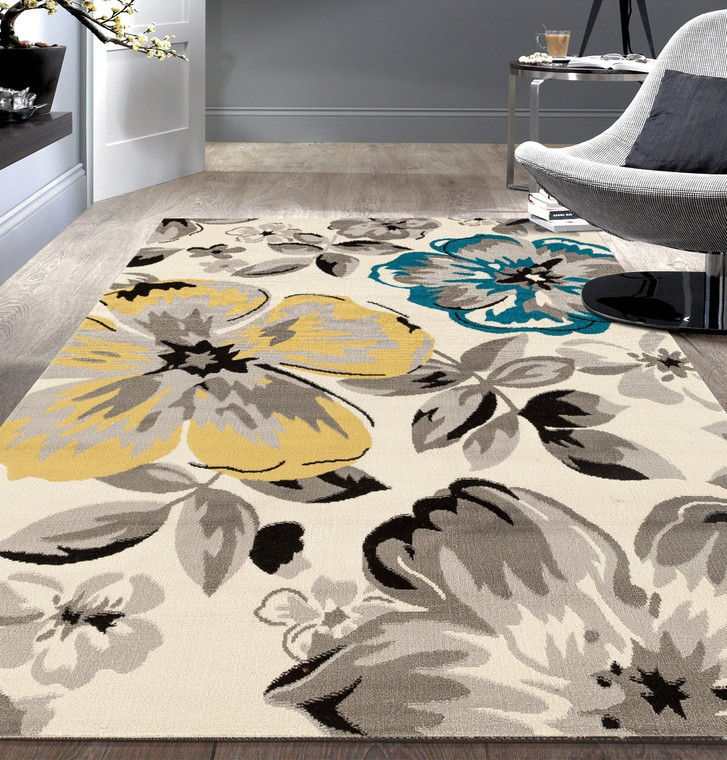 Floral Gray/Grey Yellow Blue Area Rug 1
