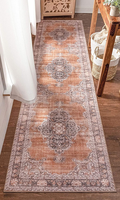 Mareva Machine Washable Rust Orange Vintage Oriental Medallion Rug