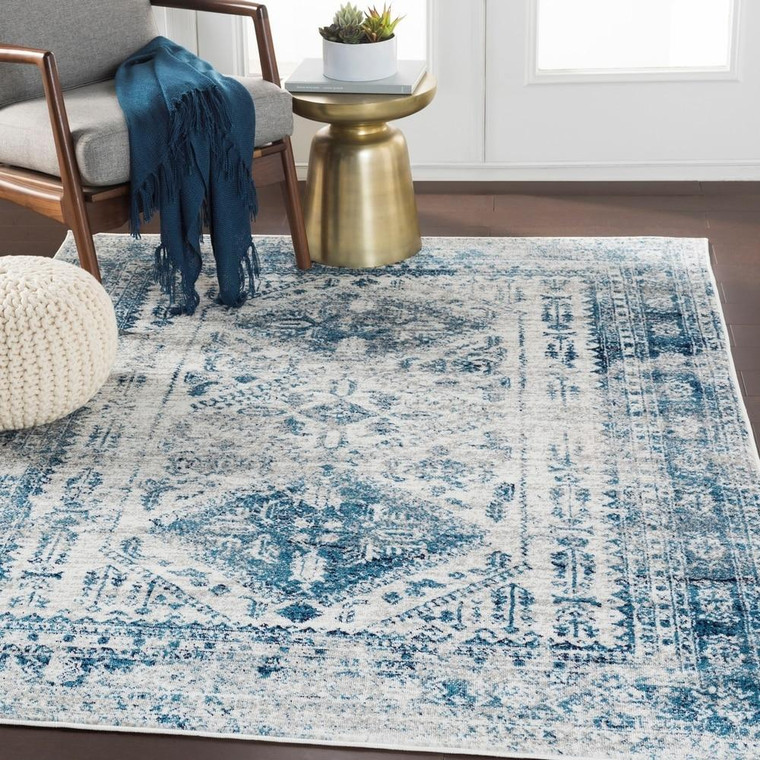 Distressed Persian Pattern Sky Blue Light Gray Soft Area Rug
