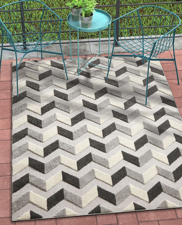 Chevron Gray White High Traffic Stain Resistant Indoor Outdoor Area Rug