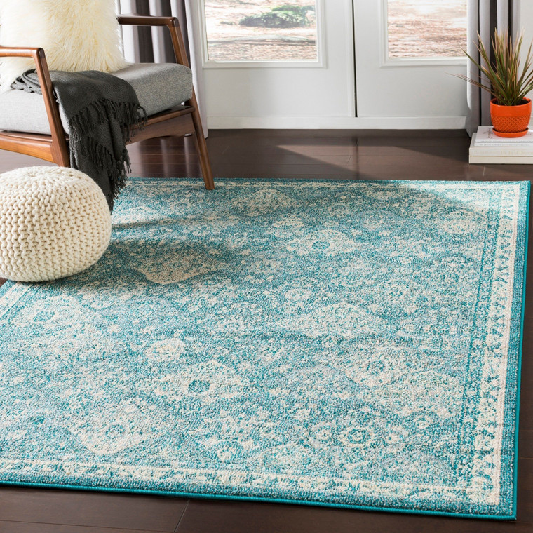 Traditional Medallion Teal Pale Blue White Area Rug