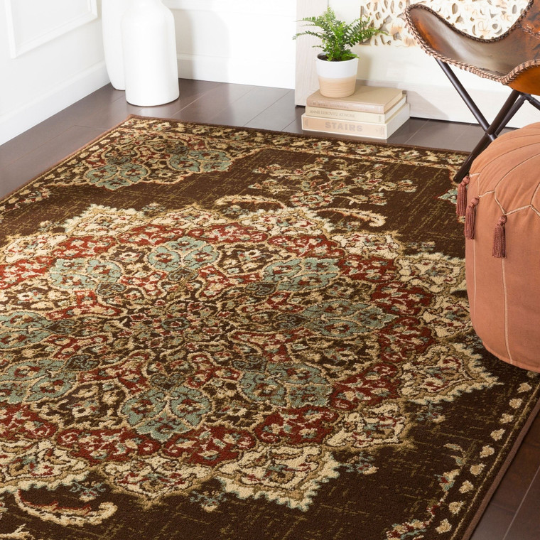 Floral Medallion Traditional Dark Brown Beige Area Rug