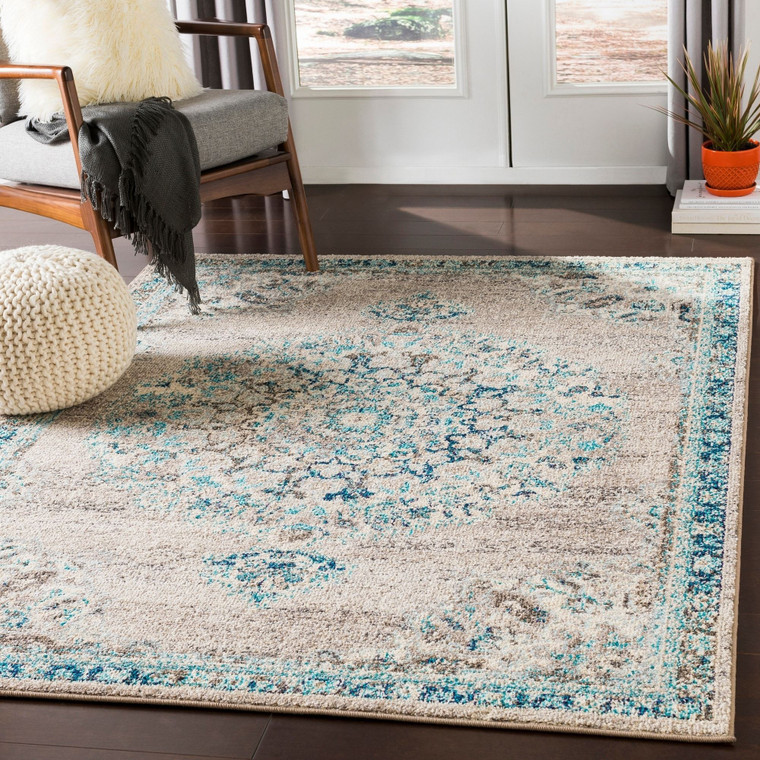 Vintage Medallion Light Gray Teal Beige Area Rug