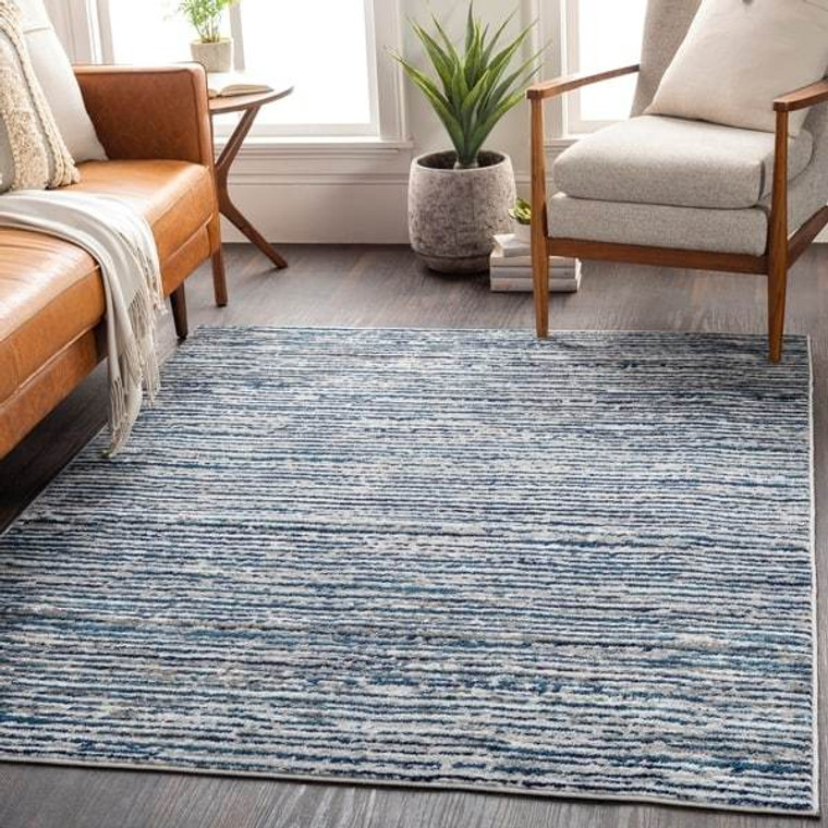 Contemporary Ivory Blue Stripes Area Rug