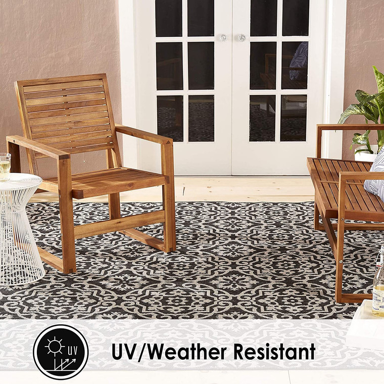 Damask Pattern Black Grey Indoor/Outdoor Area Rug - UV/Weather Resistant