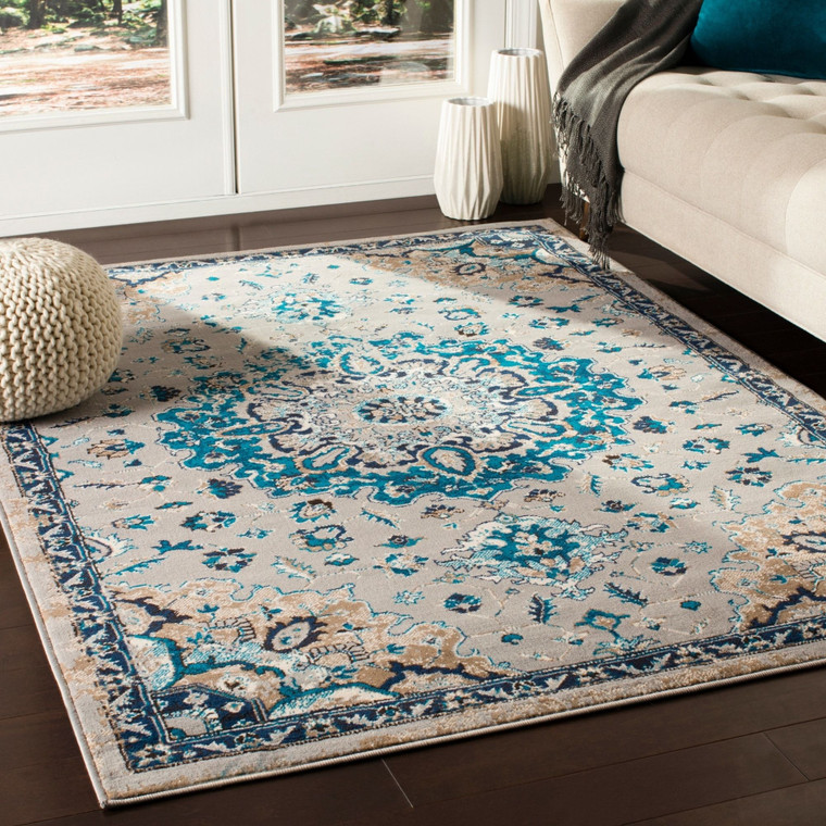 Traditional Floral Medallion Ivory Grey Blue Brown Area Rug