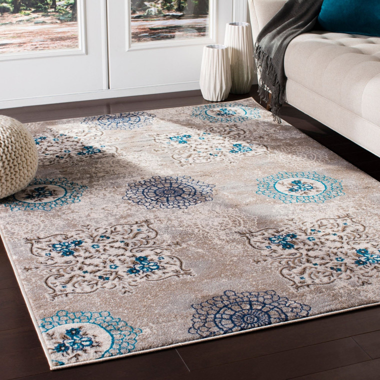 Floral Circle Ivory Grey Blue Brown Area Rug