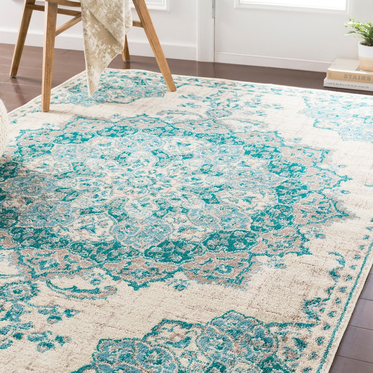 Traditional Medallion Teal Aqua Gray Area Rug