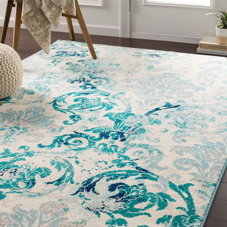 Damask Pattern Soft Teal Aqua Ivory Area Rug