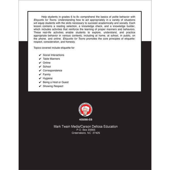 Grades 6-8 Etiquette for Teens Workbook