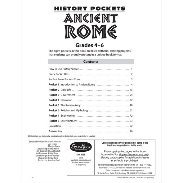 Grades 4-6 History Pockets: Ancient Rome Teacher Resource Book
