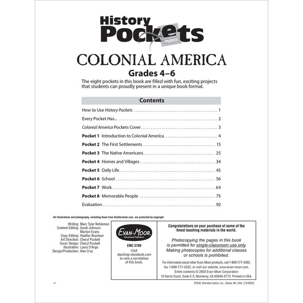 Grades 4-6 History Pockets: Colonial America Teacher Resource Book