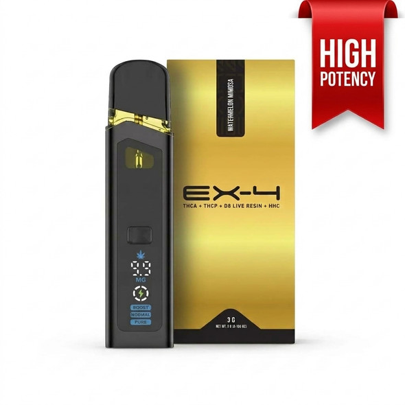 A detailed, ultra-clean professional product presentation of the EX-4 Watermelon Mimosa vape device and packaging, set against a seamless, pure white studio background. Overlaid in the top corner is a sleek, modern, bright red ribbon badge with the words "HIGH POTENCY" in bold, clean white typography.