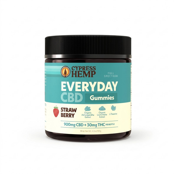 Cypress Hemp Strawberry Everyday CBD Gummies: A clean, studio shot of a dark jar with a ribbed black lid and a teal label with the circular Cypress Hemp tree logo, featuring large text 'EVERYDAY CBD Gummies', 'FULL SPECTRUM', 'STRAWBERRY', ingredient icons and text for Ashwagandha, Lion's Mane, and L-Theanine, and specifying '900mg CBD + 30mg THC PER BOTTLE', all set against a pure white background.