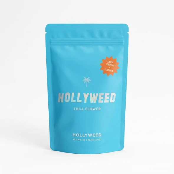 Hollyweed THCA Flower Jack Herer Sativa 28g pouch bag on white studio background.