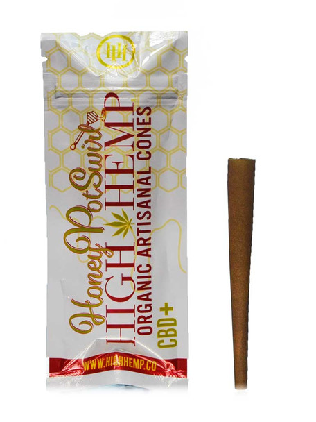 Open pouch of High Hemp Honey Pot Swirl pre-rolled blunt cones, showing two natural organic hemp cones with tips, ready for use