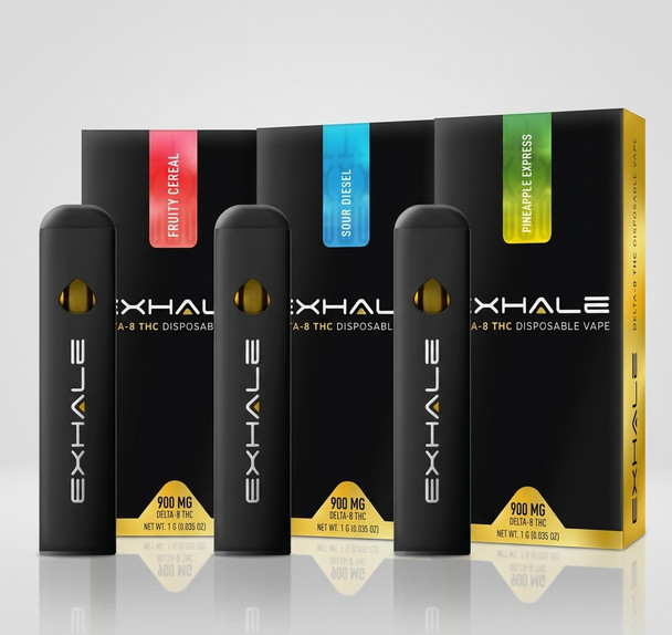 Group Photo of Delta 8 Diposable Vapes from Exhale on a white background