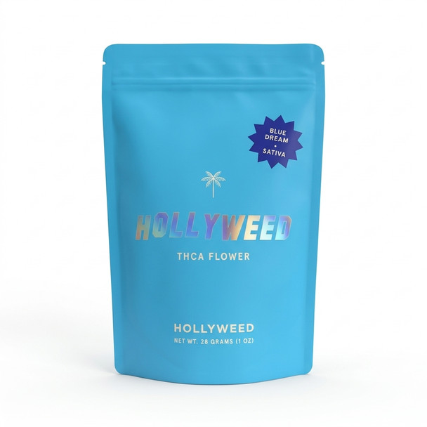 Hollyweed THCA Flower Blue Dream Sativa 28g pouch bag on white studio background.