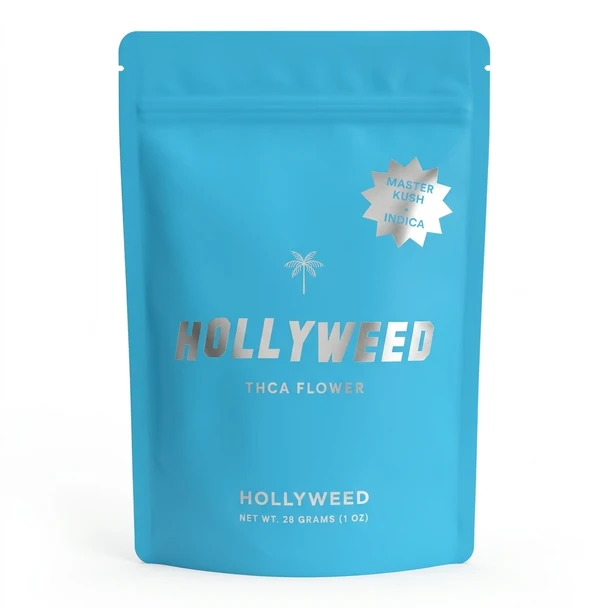 Hollyweed THCA Flower Master Kush Indica 28g pouch bag on white studio background.