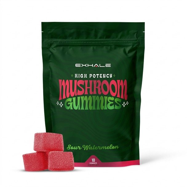 Bag of Magic Mushroom Gummies From Exhale Wellness. Sour Watermelon Flavor.