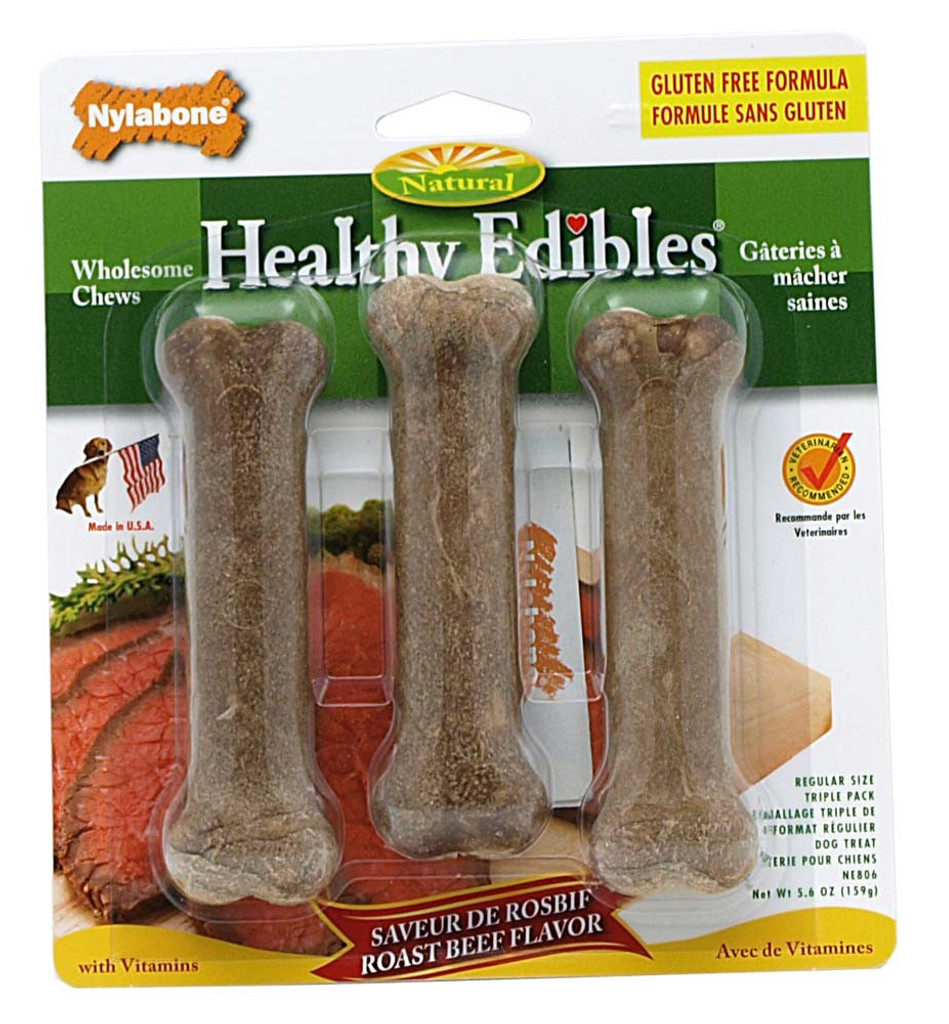 Nylabone Healthy Edibles Roast Beef Flavor  3 Regular Size Bones for 25 lb Dogs