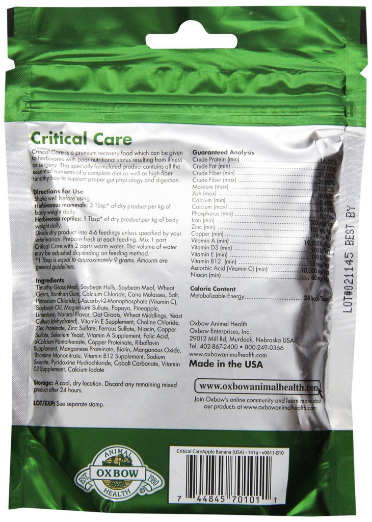 OXBOW Herbivore Critical Care Apple Banana Animal Supplement Feed Formula 141g