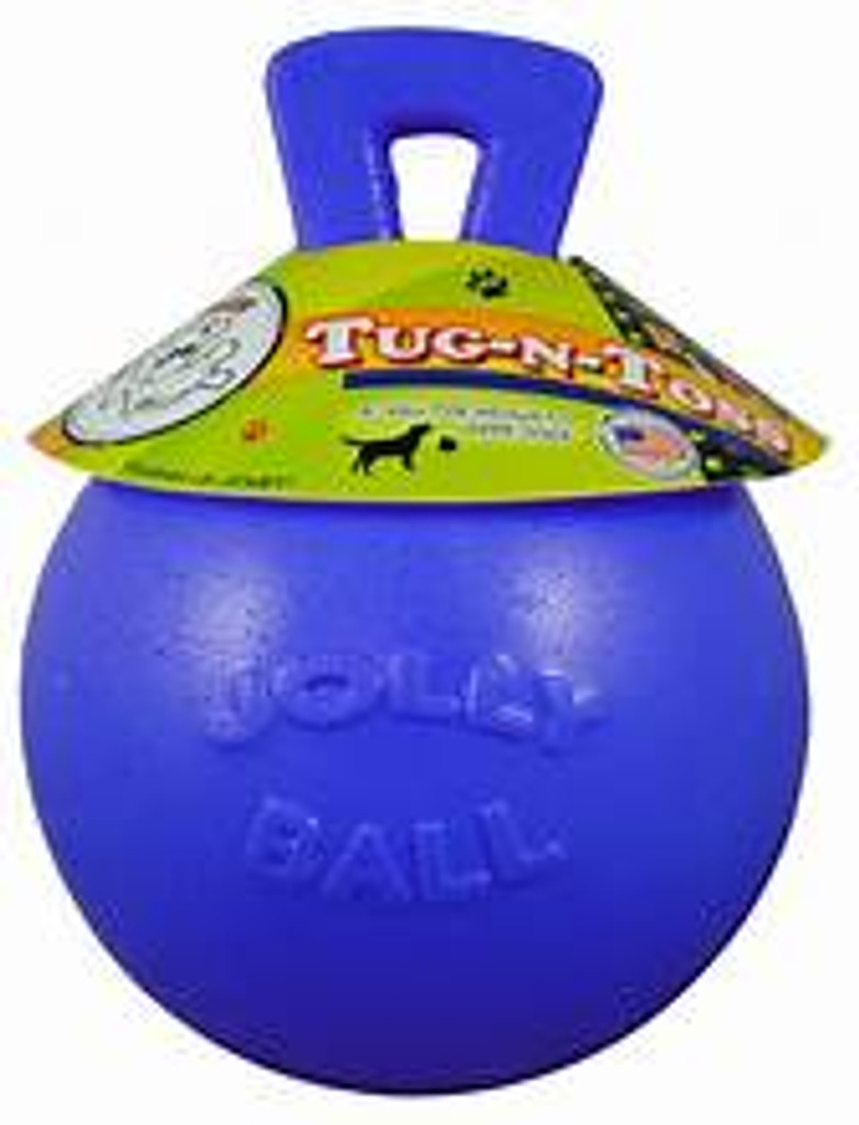 Jolly Pets Tug-N-Toss 10 inch Blue  Rubber Ball with Handle Chew Toy for Dogs