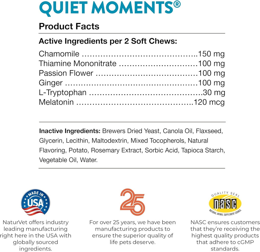 NaturVet Quiet Moments Soft Chews Reduce Stress Travel Motion Sickness 180 count