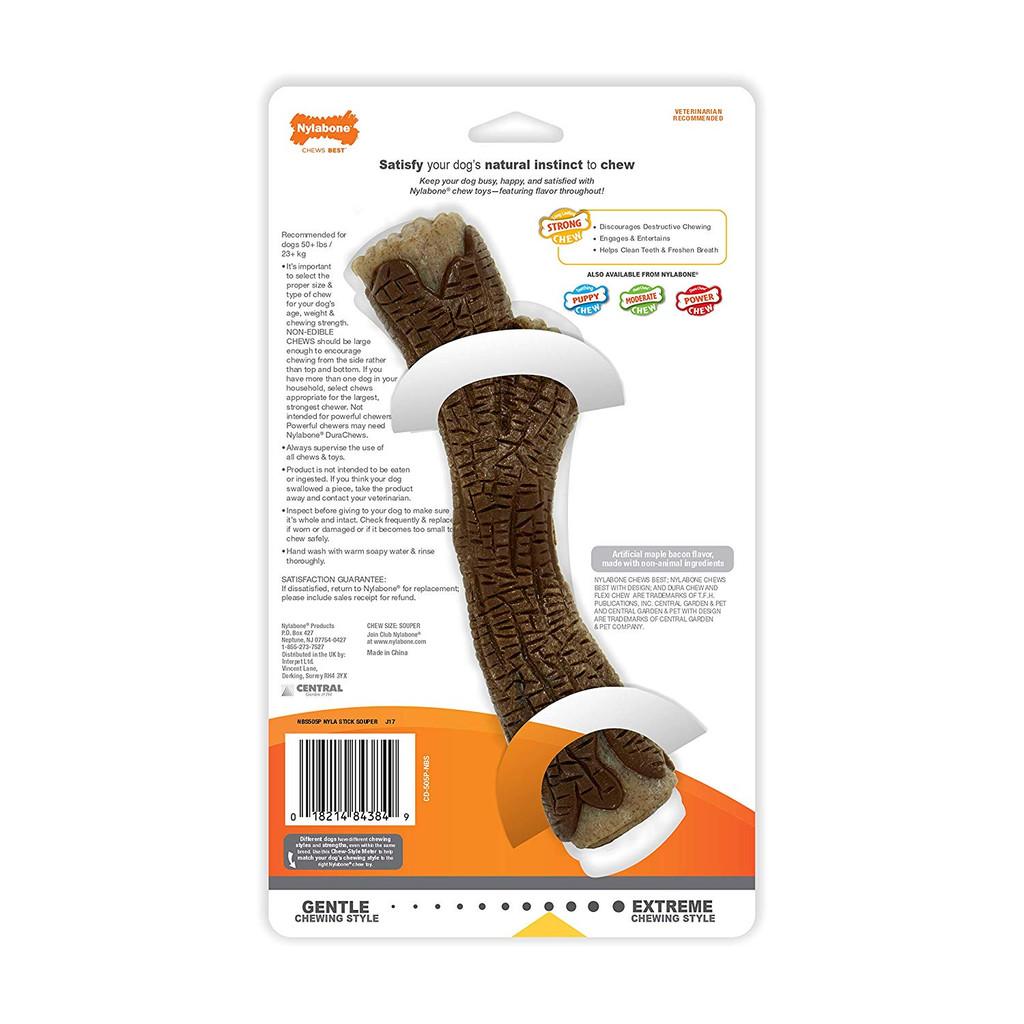 Nylabone Strong Chew Maple Bacon Flavor Real Wood Stick Toy for Dogs Souper