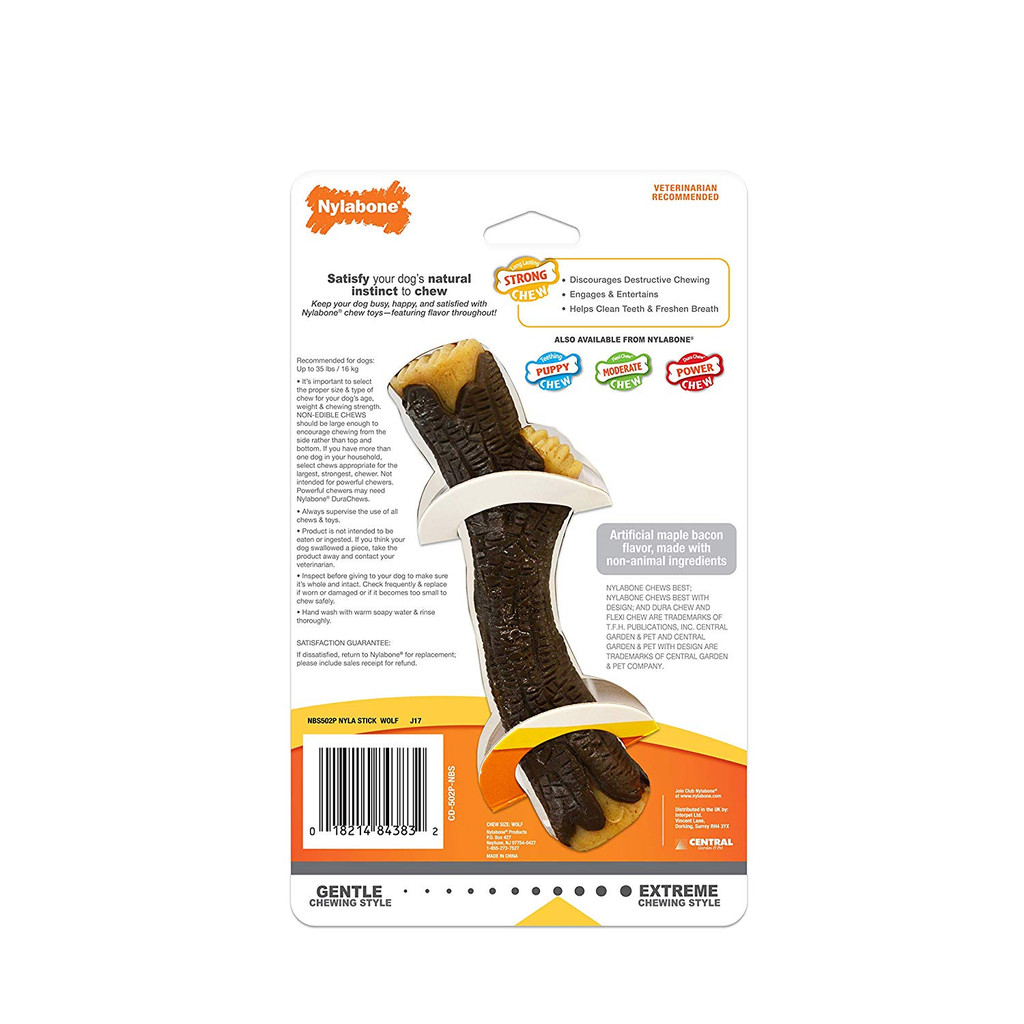 Nylabone Strong Chew Maple Bacon Flavor Real Wood Stick Toy for Dogs Wolf