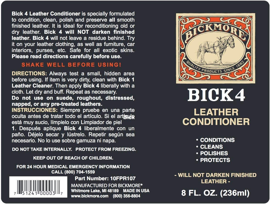 Bickmore Bick 4 Leather Conditioner 8 oz  Polish and Protect Leather Products