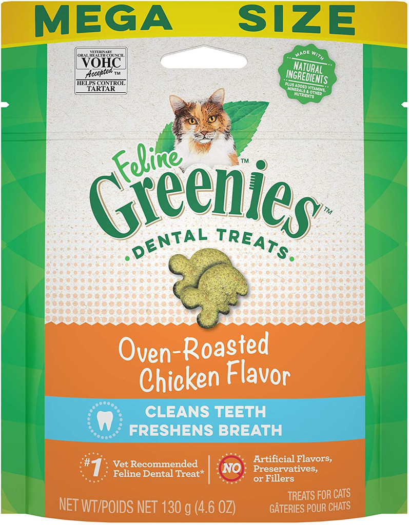 FELINE GREENIES Dental Cat Treats Oven Roasted Chicken Flavor 4.6-Ounce