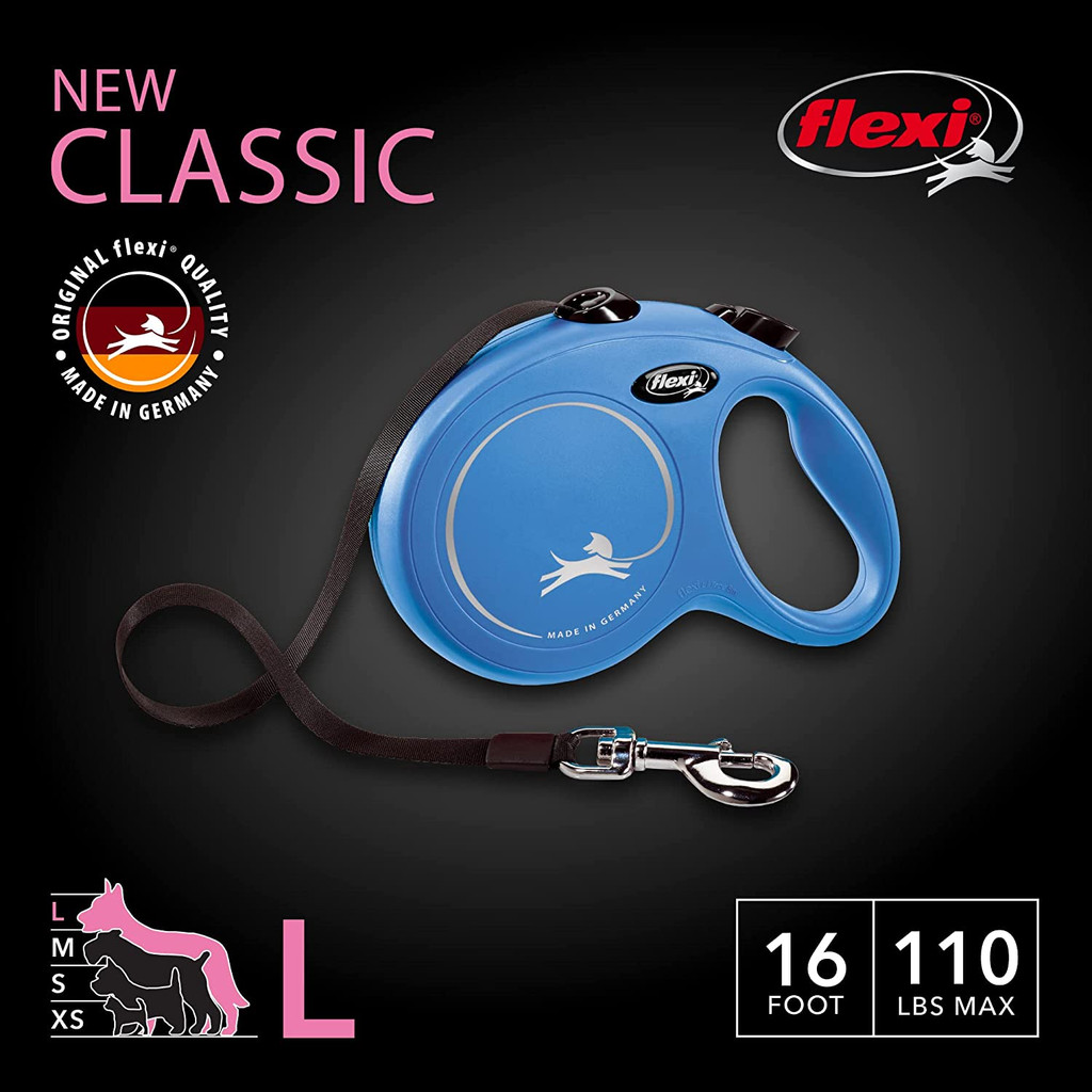 Flexi New Classic Retractable Tape Dog Leash Large 16-Foot Blue 110-lb. Dogs