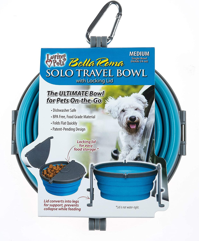 Loving Pets Blue Bella Roma Medium Solo Travel Bowl For Dogs With Locking Lid