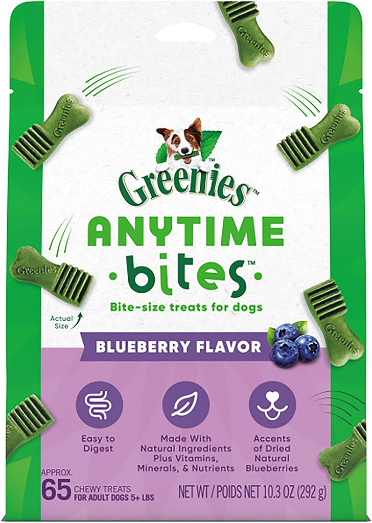 Greenies Anytime Bites Bite-Size Treats For Dogs Blueberry Flavor 65-Chew Treats