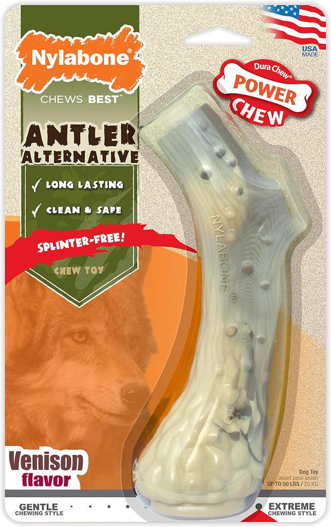 Nylabone Power Chew Antler Alternative Durable Large Dog Chew Venison Flavor