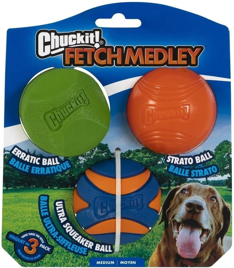 ChuckIt Fetch Medley Variety 3-Pack Erratic, Strato, Ultra Squeak Medium Dog Toy