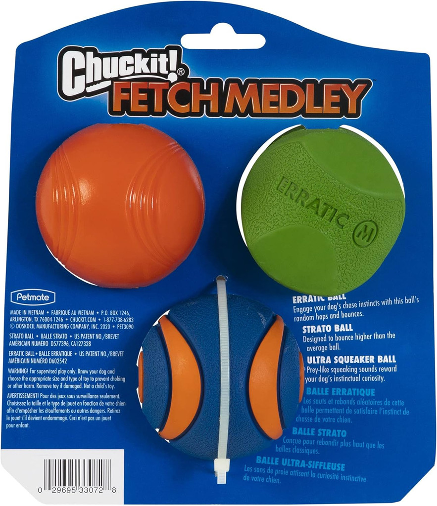 ChuckIt Fetch Medley Variety 3-Pack Erratic, Strato, Ultra Squeak Medium Dog Toy