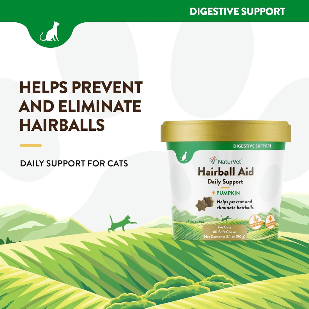 NaturVet Hairball Aid Daily Support Plus Pumpkin for Cats 60 Soft Chews