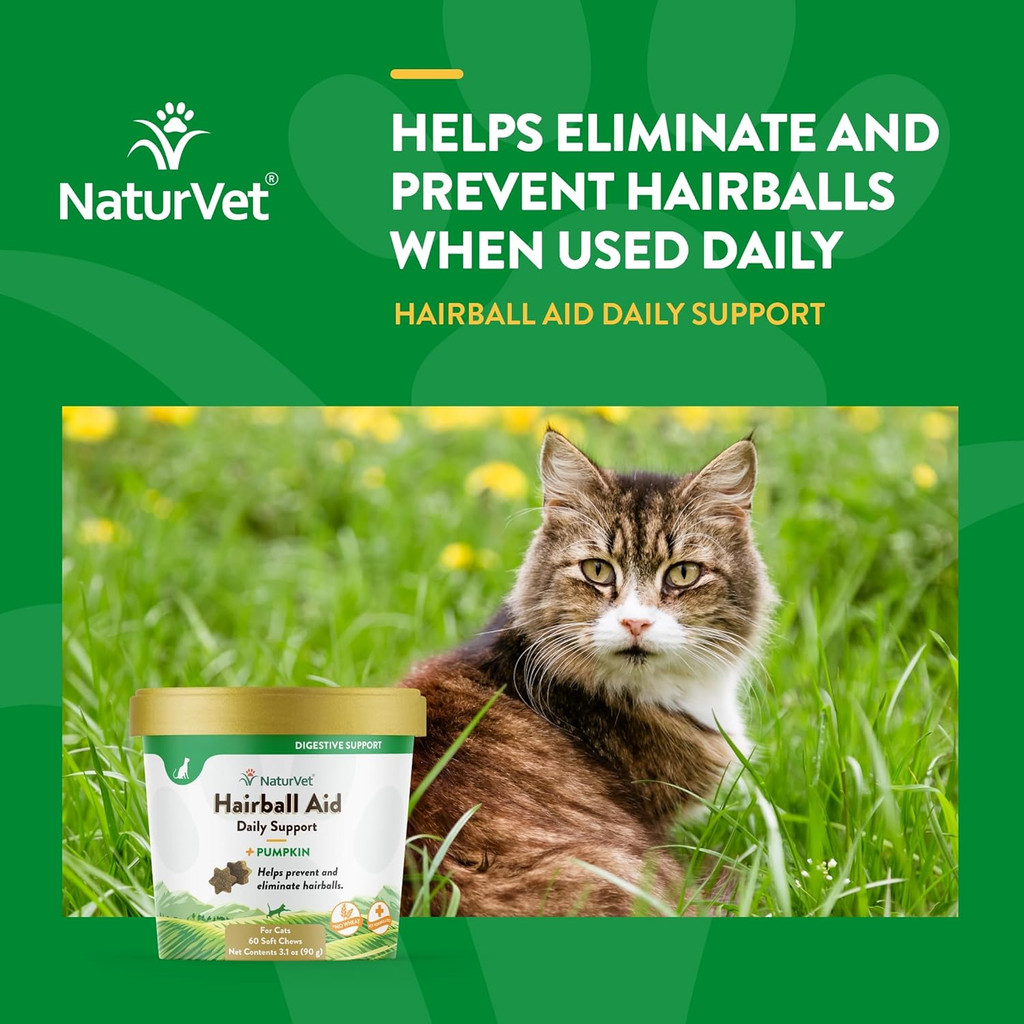 NaturVet Hairball Aid Daily Support Plus Pumpkin for Cats 60 Soft Chews