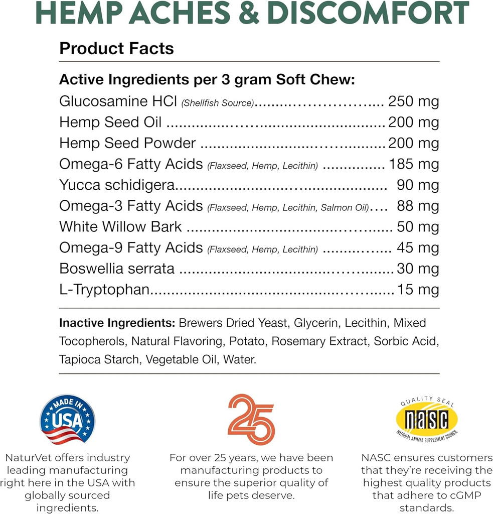 NaturVet Hemp Aches & Discomfort Plus Hemp Seeds for Dogs 60 Soft Chews