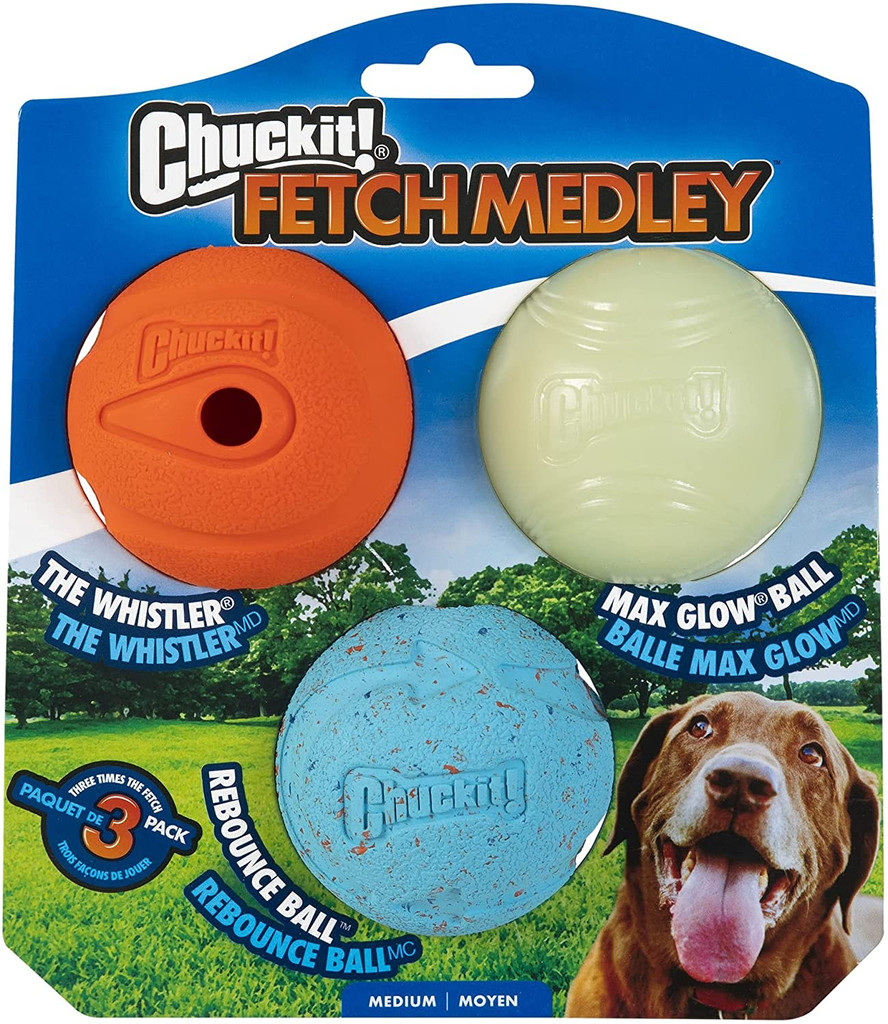 Chuckit! Dog Fetch Toy MEDLEY 3-pack Whistler Max Glow Rebounce Ball MEDIUM