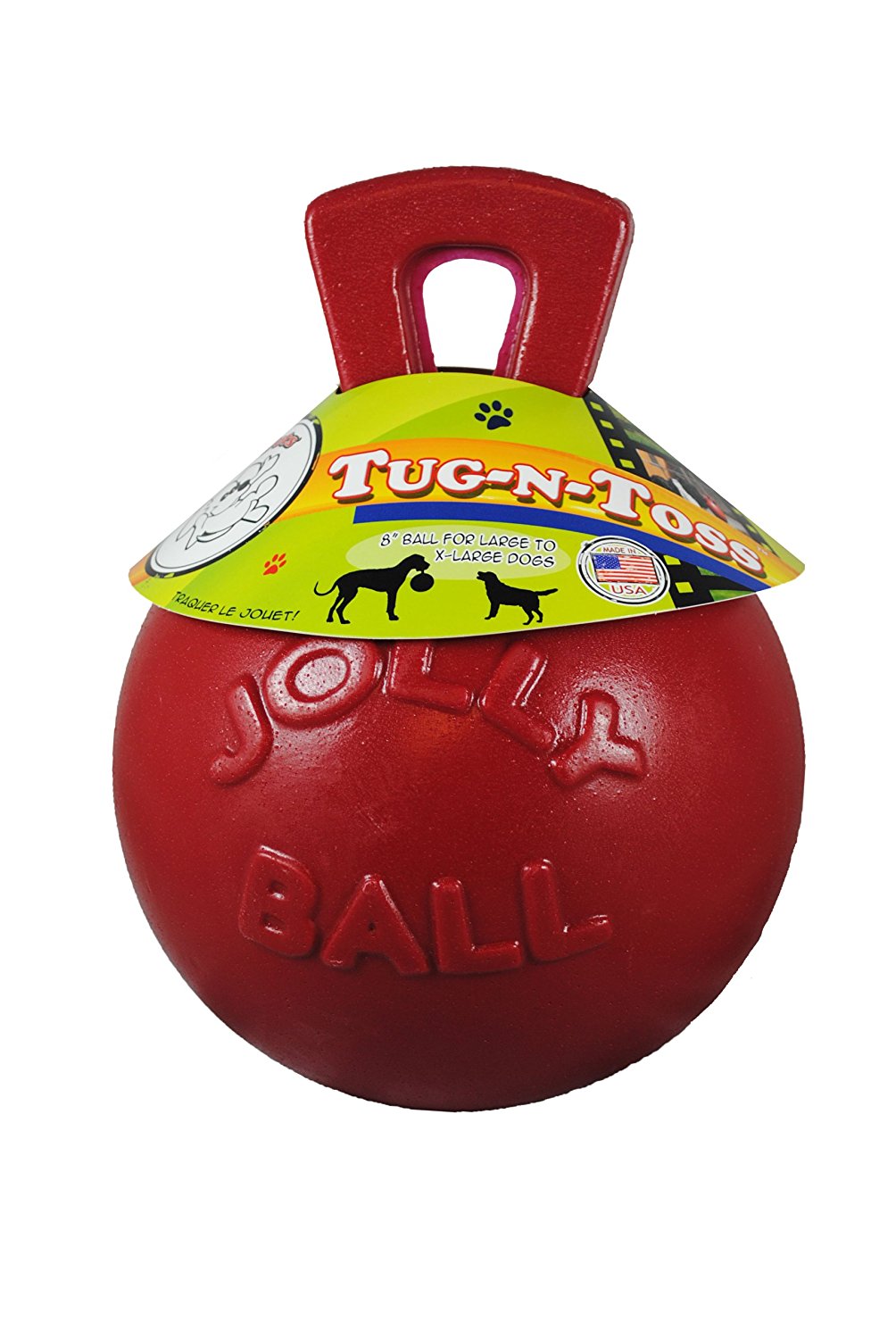 Jolly Pets Tug-N-Toss 8 inch Red Rubber Ball with Handle Chew Toy