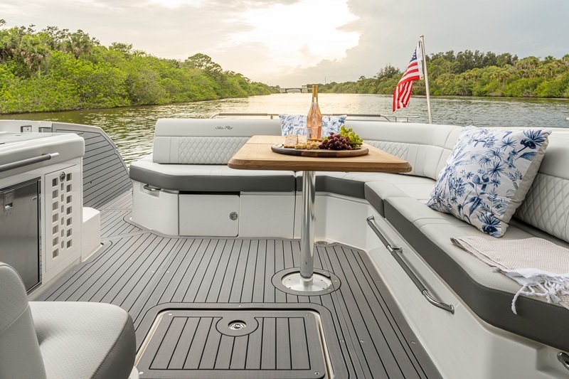 Sitting area of SeaRay boat with flooring covered by Seadek pre cut kits