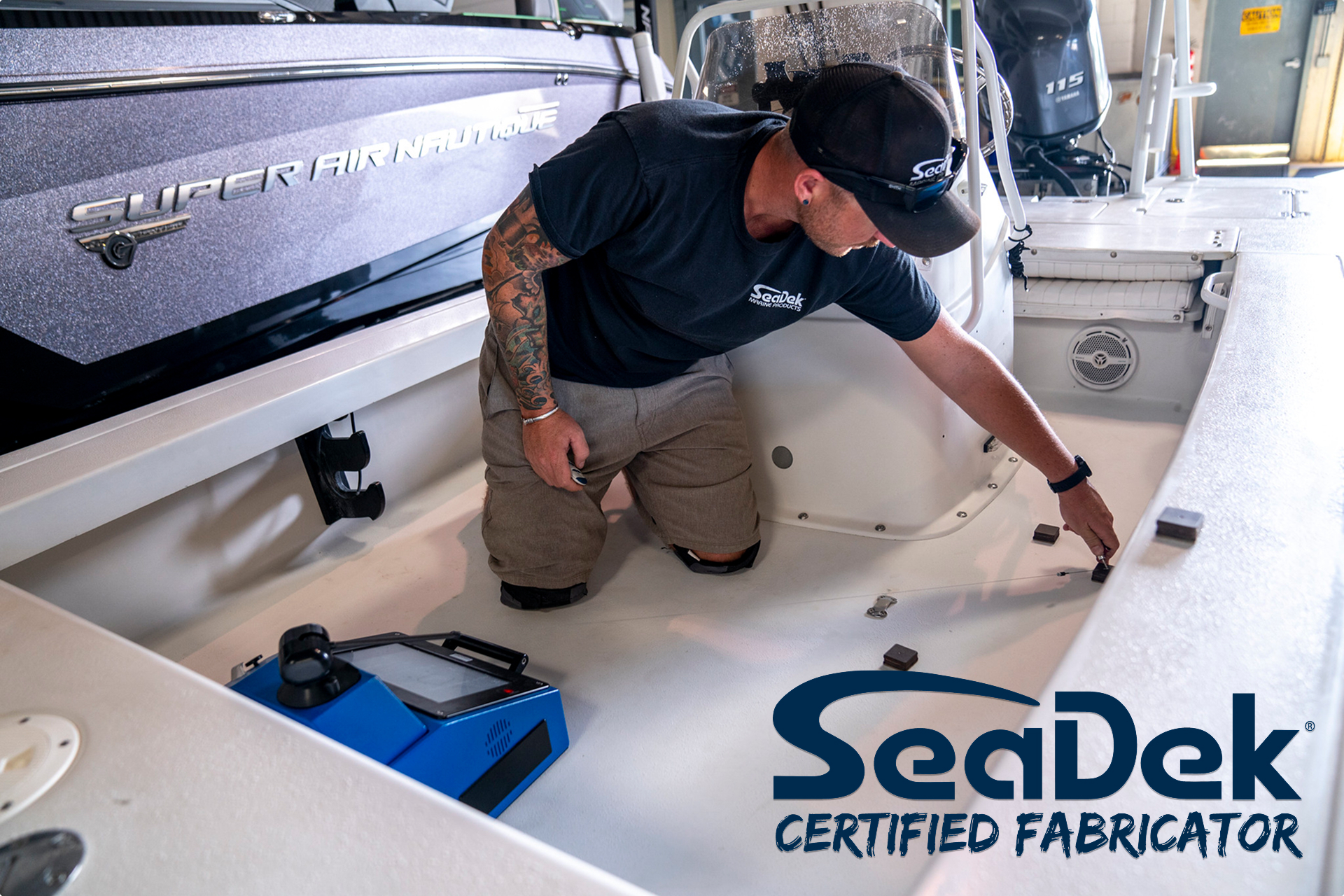 Man installing SeaDek on a boat