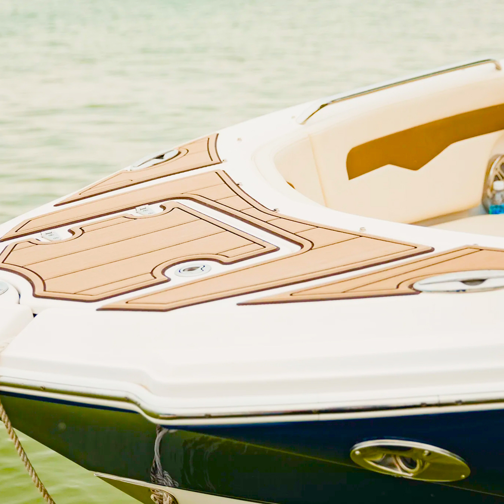 SeaRay bow of boat with mocha over black Seadek pre cut kits installed