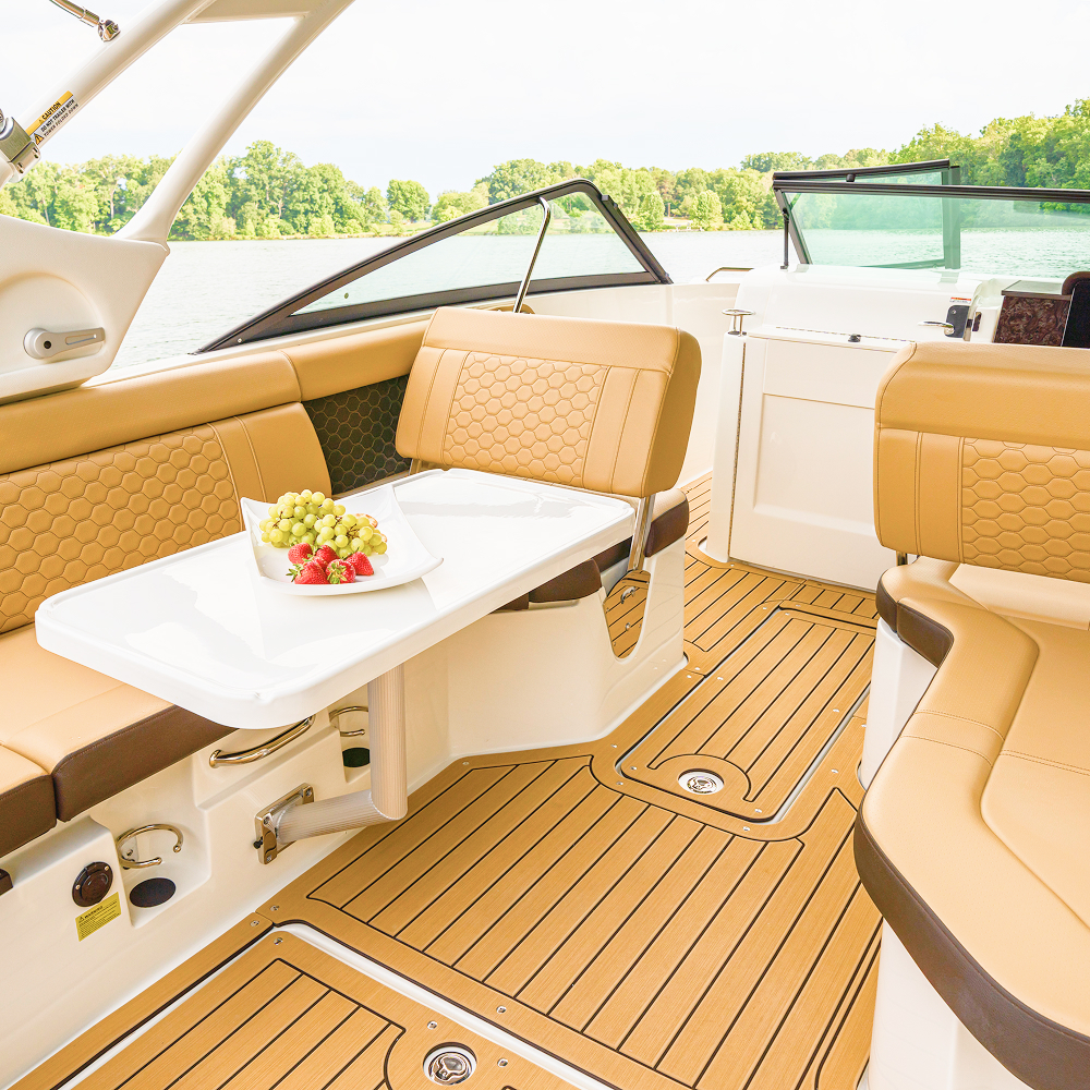 Sitting area of SeaRay boat with flooring covered by Seadek pre cut kits