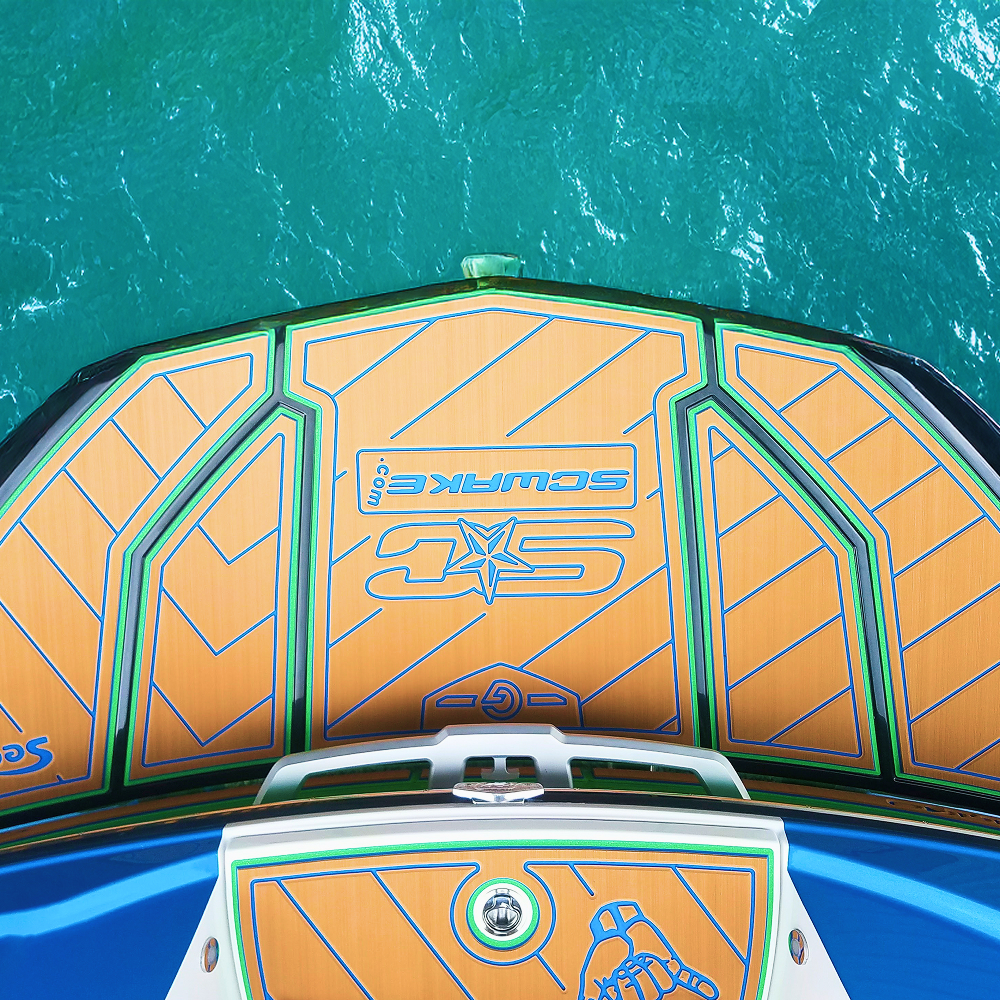 Top down view of Natique G36 swim platform featuring SC Wake branded Seadek pre cut kits