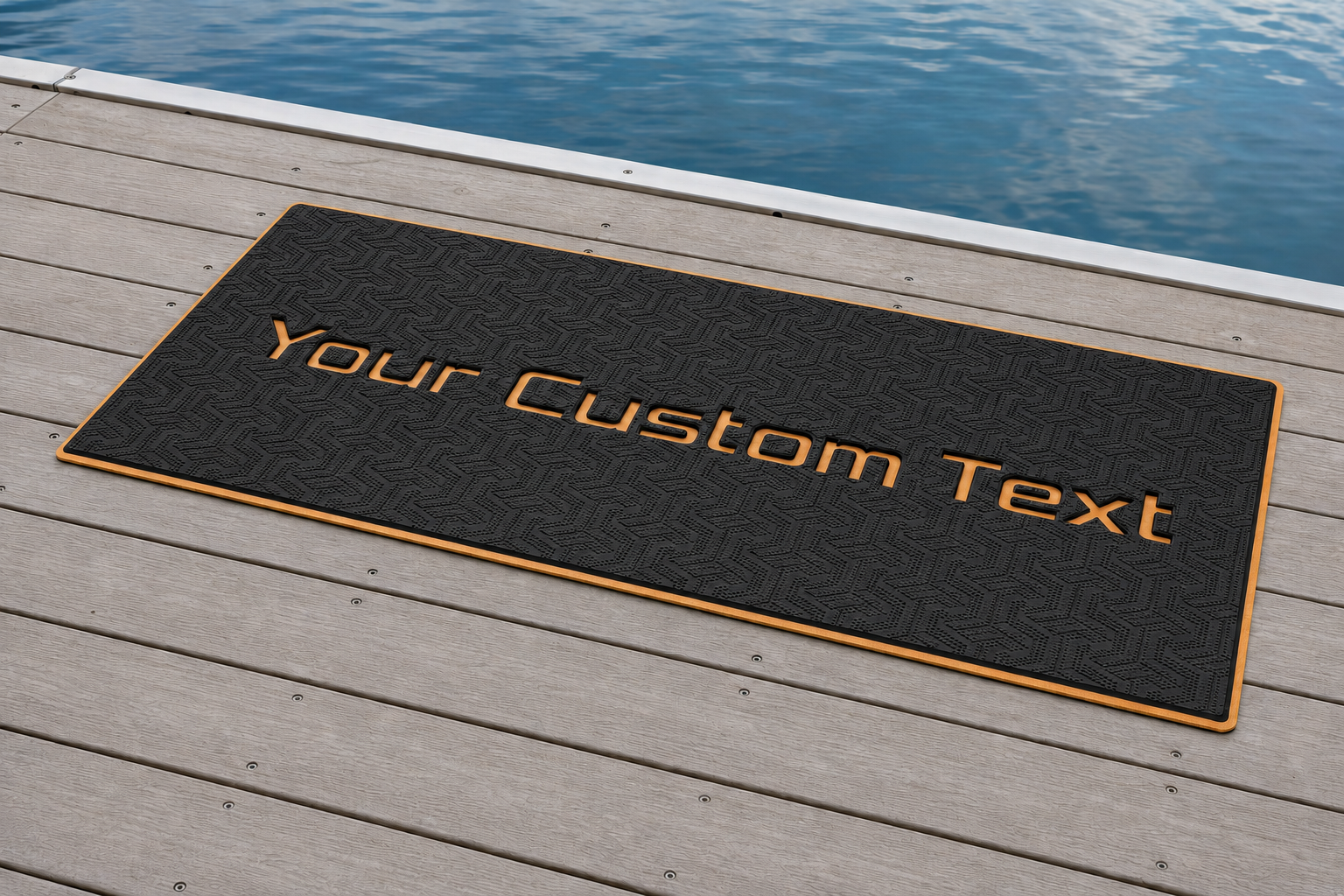 Custom dock mat on a dock with embossed YOUR TEXT HERE and anchor design